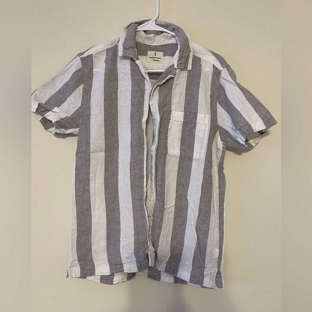 Men’s Striped Short-Sleeve Linen Blend Shirt - Gray & White